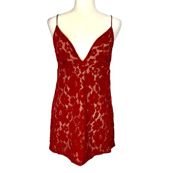 Free People Womens Dangerous Love Red Lace Mini Slip Dress V Neck size 2 - Picture 4 of 15
